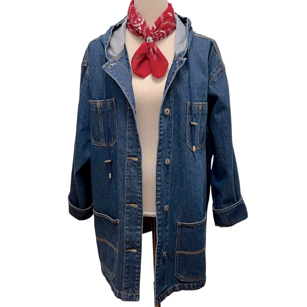Denim Medium Wash Long Line Hooded Chore Jacket Coat Size 26/28 W